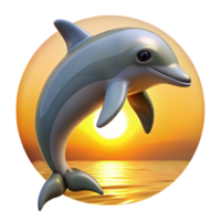 magnificent classic A playful dolphin leaping out of the ocean, catching the golden rays of the setting sun, depicted in a realistic 3D render style high quality png