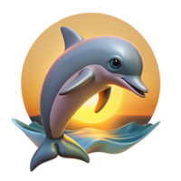 wonderful artistic A playful dolphin leaping out of the ocean, catching the golden rays of the setting sun, depicted in a realistic 3D render style high resolution png