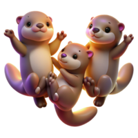 dramatic traditional A group of playful otters holding hands while floating on their backs, illuminated by the soft glow of twilight, in a whimsical cartoon style professional png