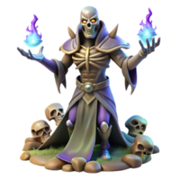 magnificent artistic A powerful necromancer summoning skeletal warriors from the ground, his eyes glowing with an unholy light. Dramatic lighting, fantasy art style detailed png