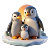 elegant artistic A family of penguins huddled together on a snowy landscape, bathed in the soft light of a polar sunrise, in a heartwarming children's book illustration style 4K png