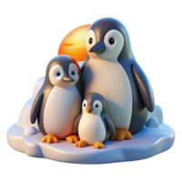 vibrant vintage A family of penguins huddled together on a snowy landscape, bathed in the soft light of a polar sunrise, in a heartwarming children's book illustration style high quality png