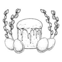 Black and white hand-drawn illustration of traditional Easter cake with glaze, willow branches, and eggs. Suitable for postcards, packaging, culinary topics and print materials. vector