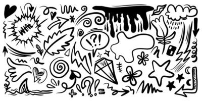 Hand drawn marker simple elements set. Doodle pen signs and effects. thunderbolt, star, cloud, diamond, heart, floral objects. Decorative pencil curved symbols and shape. vector