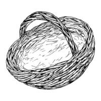 Hand-drawn wicker basket with a handle, crafted from intertwining twigs. Rustic style, perfect for Easter, harvest themes, markets, decorative designs. Ideal for packaging, food illustration vector
