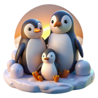 extraordinary artistic A family of penguins huddled together on a snowy landscape, bathed in the soft light of a polar sunrise, in a heartwarming children's book illustration style premium png