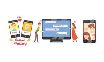 People Using Website or Mobile Application for Dating or Searching for Romantic Partner on Internet Collection, Virtual Relationships, Social Networking Illustration vector