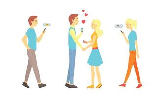 People Using Mobile Application for Dating Set, Virtual Relationships, Couples Chatting Online with Their Gadgets Illustration vector