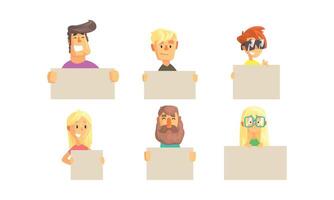 People Holding Blank Banners Collection, Funny Characters Demonstrating Empty Placards Illustration vector