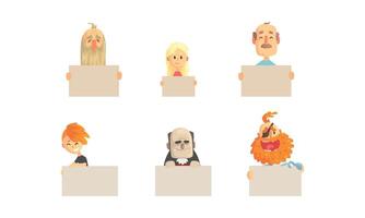 Bizarre People Holding Blank Banners Collection, Funny Characters Demonstrating Empty Placards Illustration vector