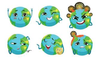Cute Earth Globe Cartoon Character Collection, Funny Planet in Different Situations and Various Emotions Illustration vector