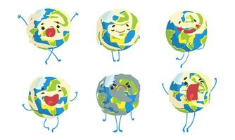 Cute Earth Globe Cartoon Character Collection, Funny Planet with Various Emotions Illustration vector