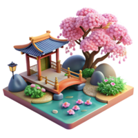 elegant minimalist A serene Japanese garden with a koi pond and cherry blossoms in bloom, ukiyo-e style premium png