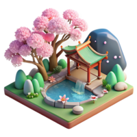 beautiful artistic A serene Japanese garden with a koi pond and cherry blossoms in bloom, ukiyo-e style genuine png