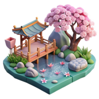 wonderful minimalist A serene Japanese garden with a koi pond and cherry blossoms in bloom, ukiyo-e style detailed png
