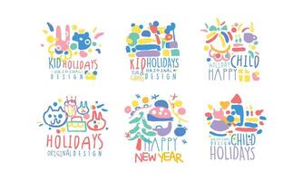 Kid Holdays Labels Original Design Collection, Happy New Year Colorful Hand Drawn Templates Illustration vector