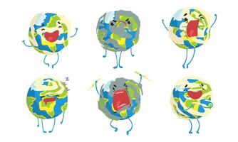 Funny Earth Globe in Different Situations Collection, Comic Planet Cartoon Character Illustration vector