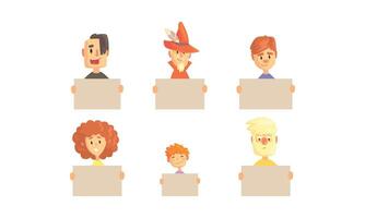 Funny People Holding Blank Banners Set, Bizarre Characters Demonstrating Empty Placards Illustration vector
