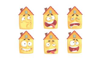 Humanized Houses Collection, Funny Building Cartoon Character with Various Face Expressions Illustration vector