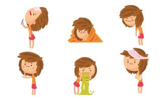 Sickness Girl Suffering From Different Symptoms Collection, Female Person Having High Temperature, Cold, Weakness, Rash, Vomiting, Headache Illustration vector