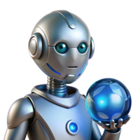 elegant creative A chrome and glass humanoid robot gazing pensively at a glowing orb of binary code, lit by ethereal blue light, in a hyperrealistic style genuine png