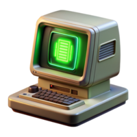 beautiful creative A vintage computer terminal displaying cryptic green text, lit by the flickering glow of a CRT monitor, in a retro-futuristic style professional png