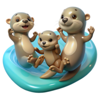 stunning rustic A family of playful otters holding hands, floating on their backs in crystal clear water. Cartoon style, bright and cheerful detailed png