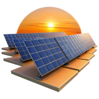 magnificent rustic A field of solar panels stretching towards the horizon, bathed in the warm golden light of the setting sun, in a photorealistic style premium png