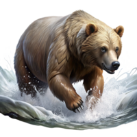 beautiful abstract A powerful grizzly bear fishing for salmon in a rushing river, spray and mist obscuring the background. Painterly style, with visible texture and impasto premium png