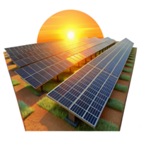 wonderful artistic A field of solar panels stretching towards the horizon, bathed in the warm golden light of the setting sun, in a photorealistic style detailed png