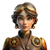 elegant creative A portrait of a steampunk woman with intricate clockwork gears embedded in her skin, illuminated by soft amber lighting in a chiaroscuro style detailed png