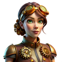 stunning contemporary A portrait of a steampunk woman with intricate clockwork gears embedded in her skin, illuminated by soft amber lighting in a chiaroscuro style exclusive png