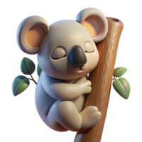 serene creative A sleepy koala clinging to a eucalyptus tree, bathed in warm sunlight. Photorealistic render, with soft lighting and detailed fur premium png