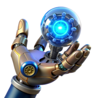 elegant contemporary A close-up of a steampunk robotic hand holding a glowing orb of energy, with intricate wires and gears visible, lit by dramatic blue light high quality png