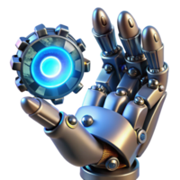 vibrant contemporary A close-up of a steampunk robotic hand holding a glowing orb of energy, with intricate wires and gears visible, lit by dramatic blue light high resolution png