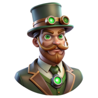 magnificent abstract A portrait of a steampunk gentleman with a monocle and top hat, adorned with intricate brass and copper details, lit by cool, green light in an art nouveau style authentic png