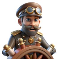 magnificent traditional A steampunk airship captain at the helm of his vessel, with goggles and a determined expression, lit by bright, directional light in a realistic style genuine png