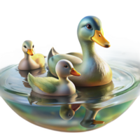 vibrant modern A family of ducks swimming in a pond, their reflections shimmering on the water's surface. Impressionistic style, with soft focus and pastel colors detailed png