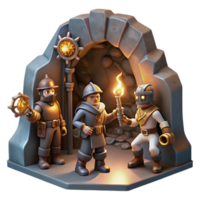 stunning minimalist A group of steampunk explorers venturing into a mysterious cave, equipped with intricate gadgets and weapons, lit by flickering torchlight in a dramatic, cinematic style genuine png