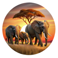 elegant rustic A herd of elephants walking across the savanna, silhouetted against a fiery sunset. Digital painting, with a warm color palette and dramatic lighting high quality png