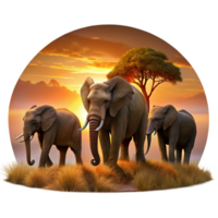 serene classic A herd of elephants walking across the savanna, silhouetted against a fiery sunset. Digital painting, with a warm color palette and dramatic lighting professional png
