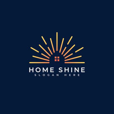 Abstract Sun Home Logo. Geometric Lines Half Sun Rays Shaped House.
