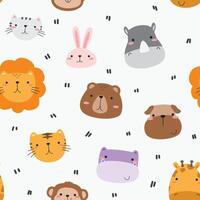 Cute simple design wild animal faces on white seamless pattern background vector