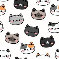 Cute hand drawn cat face flat style cartoon on white seamless pattern background vector