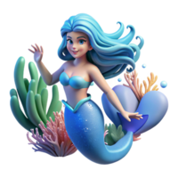 beautiful rustic A serene mermaid with flowing blue hair and a shimmering tail, swimming among coral reefs, lit by the underwater sunlight. Oceanic fantasy style original png