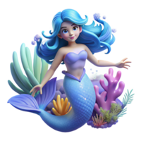 serene modern A serene mermaid with flowing blue hair and a shimmering tail, swimming among coral reefs, lit by the underwater sunlight. Oceanic fantasy style authentic png
