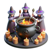 magnificent minimalist A coven of witches brewing a potion in a cauldron, surrounded by arcane symbols and flickering candlelight. Witchcraft fantasy style professional png