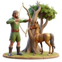 magnificent artistic A wise old centaur teaching archery to a young human, under the dappled sunlight filtering through ancient trees. Classical, realistic style 4K png
