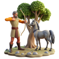 vibrant contemporary A wise old centaur teaching archery to a young human, under the dappled sunlight filtering through ancient trees. Classical, realistic style high resolution png