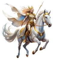 wonderful minimalist A beautiful Valkyrie with gleaming armor and flowing white robes, riding a winged horse through a stormy sky. Dramatic, cinematic lighting. Digital painting style authentic png